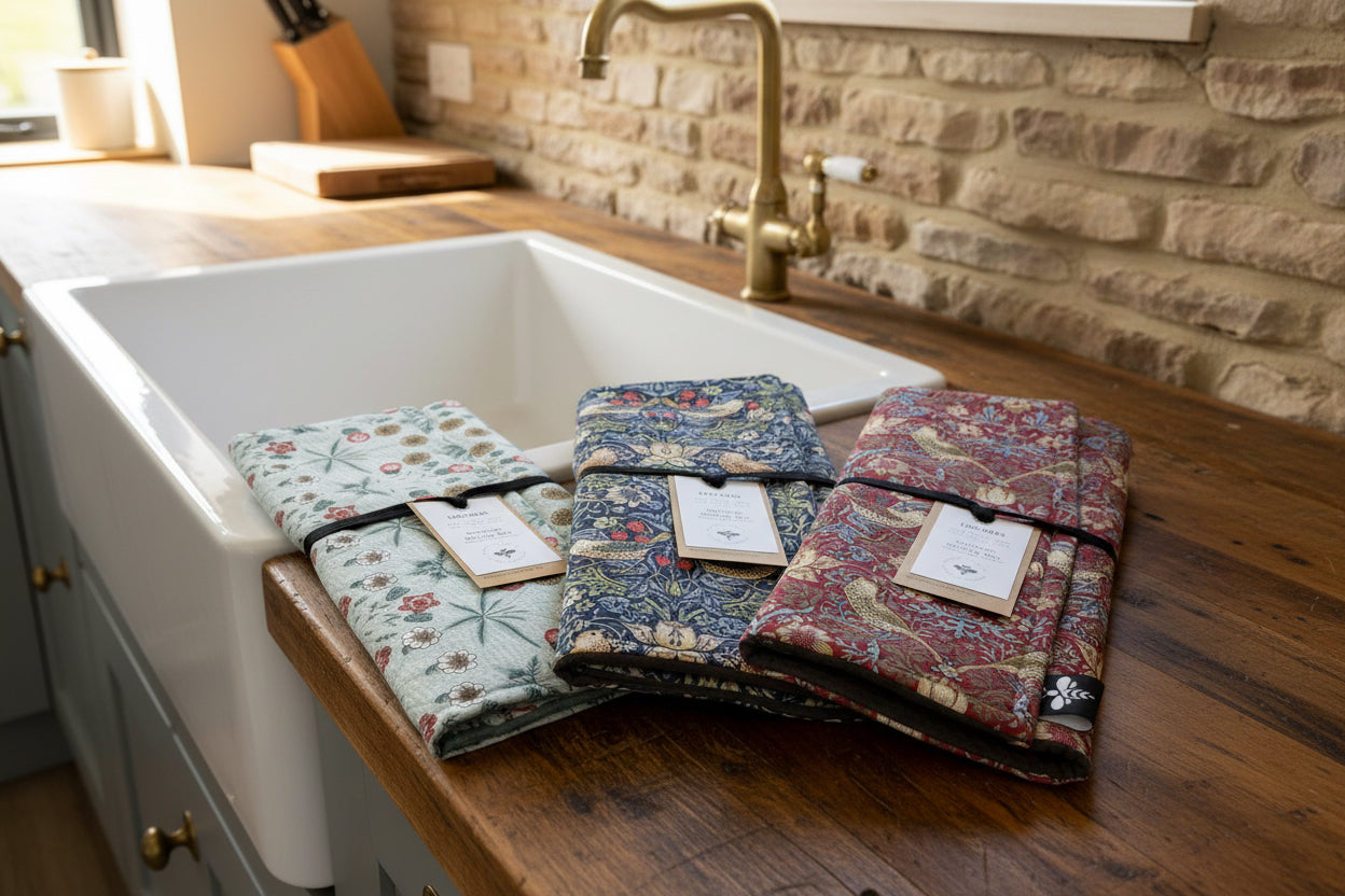 Four floral-patterned products on a white surface with wooden cutting boards in the background.