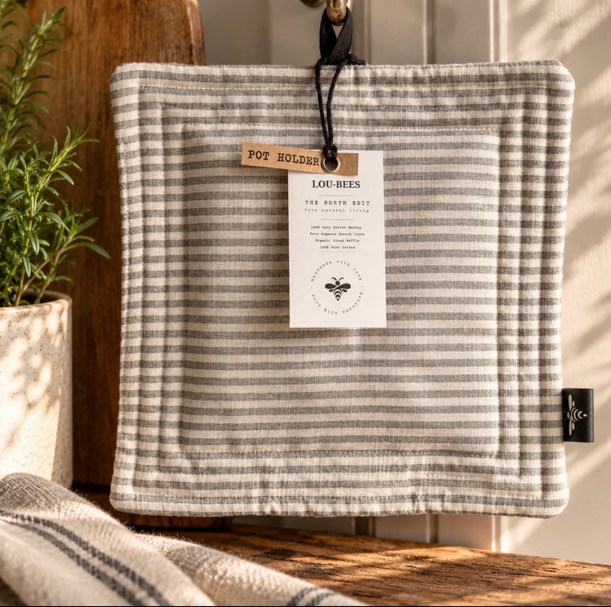 Linen Pot Holder – Grey Stripe | Clearance