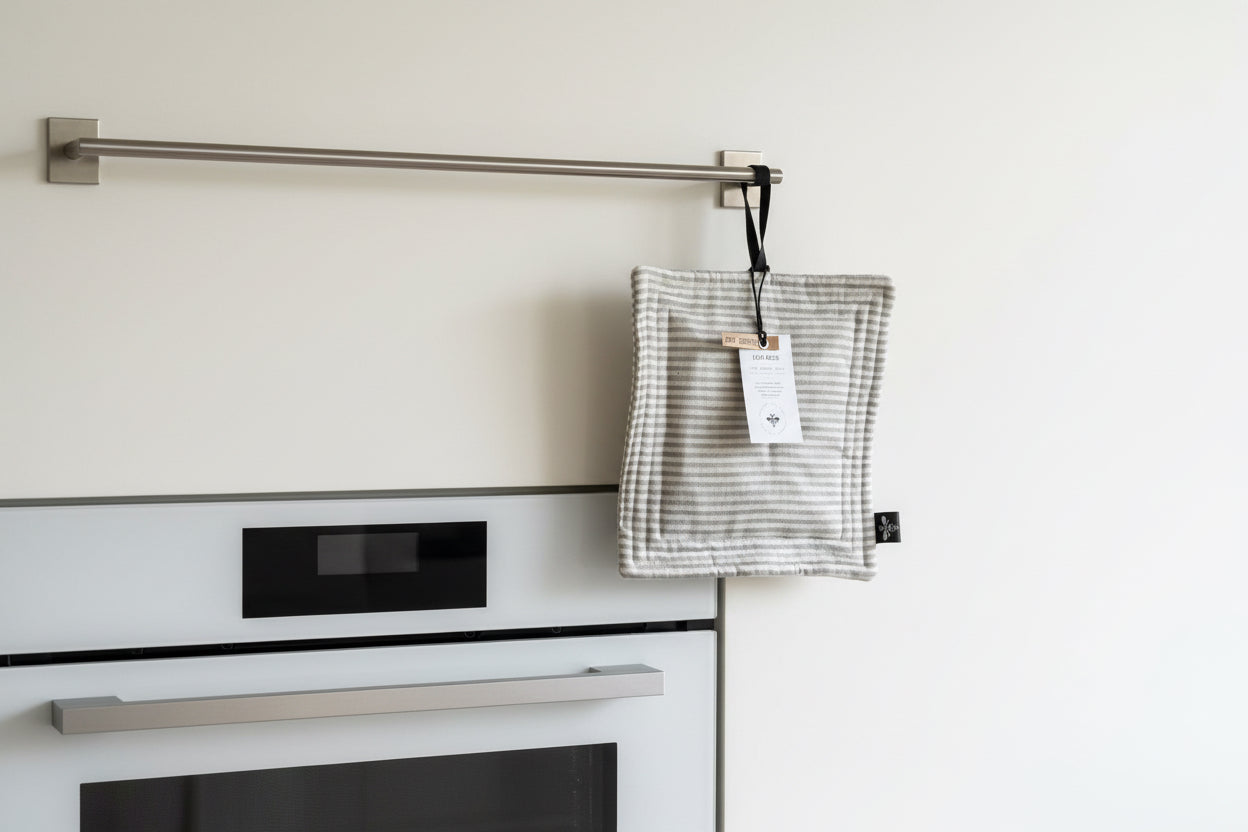 Handmade Linen Grey Striped Pot Holder – Heat Resistant Kitchen Essential