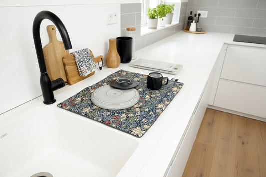 Strawberry Thief Blue Dish Drying Mat | William Morris Kitchen Draining Mat