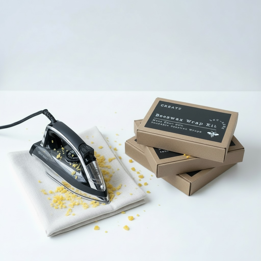 Hair straightener with beeswax on a white surface next to a cardboard box labeled 'Beeswax Wrap Kit'.