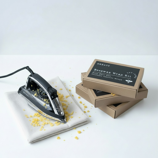 Hair straightener with beeswax on a white surface next to a cardboard box labeled 'Beeswax Wrap Kit'.
