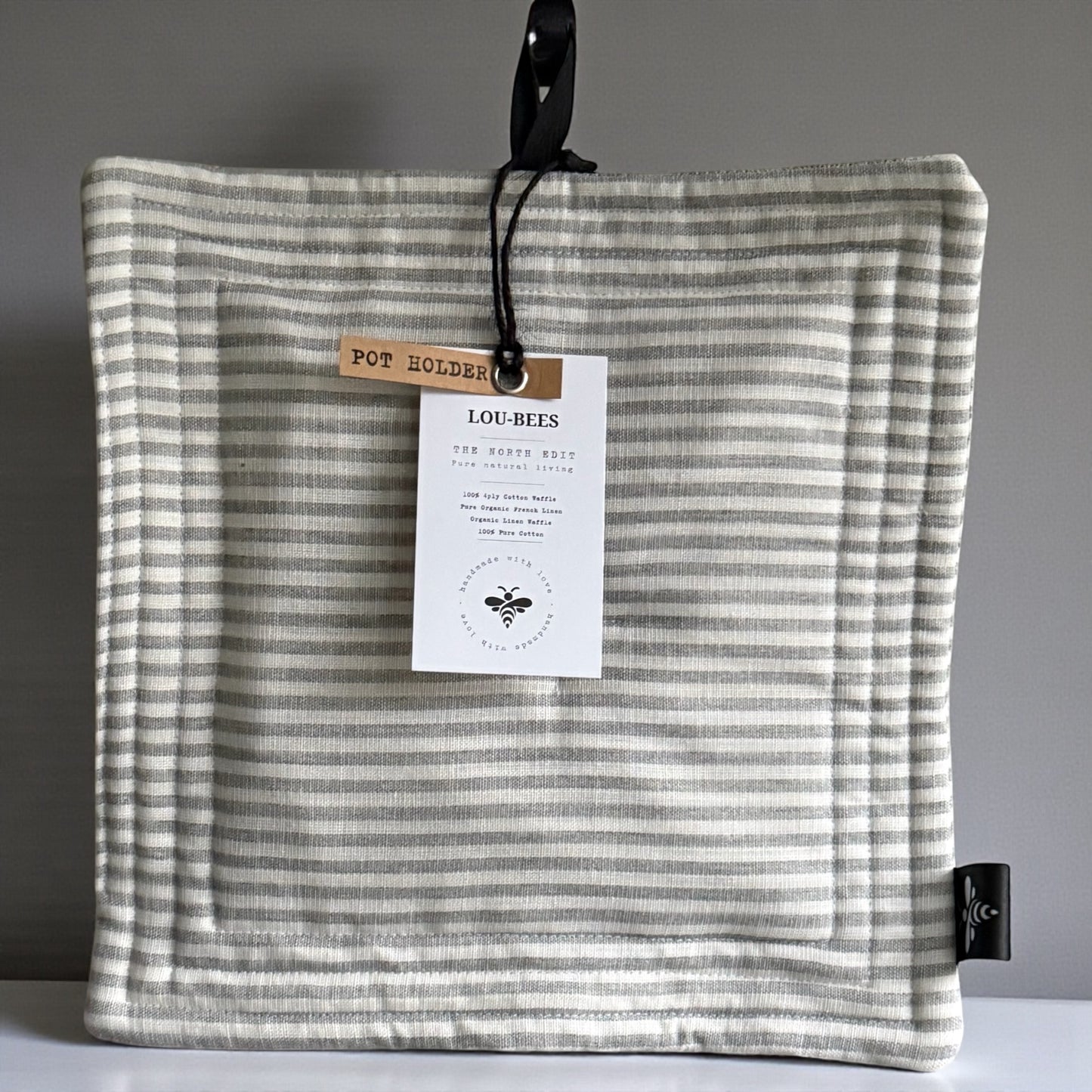 Handmade Linen Grey Striped Pot Holder – Heat Resistant Kitchen Essential