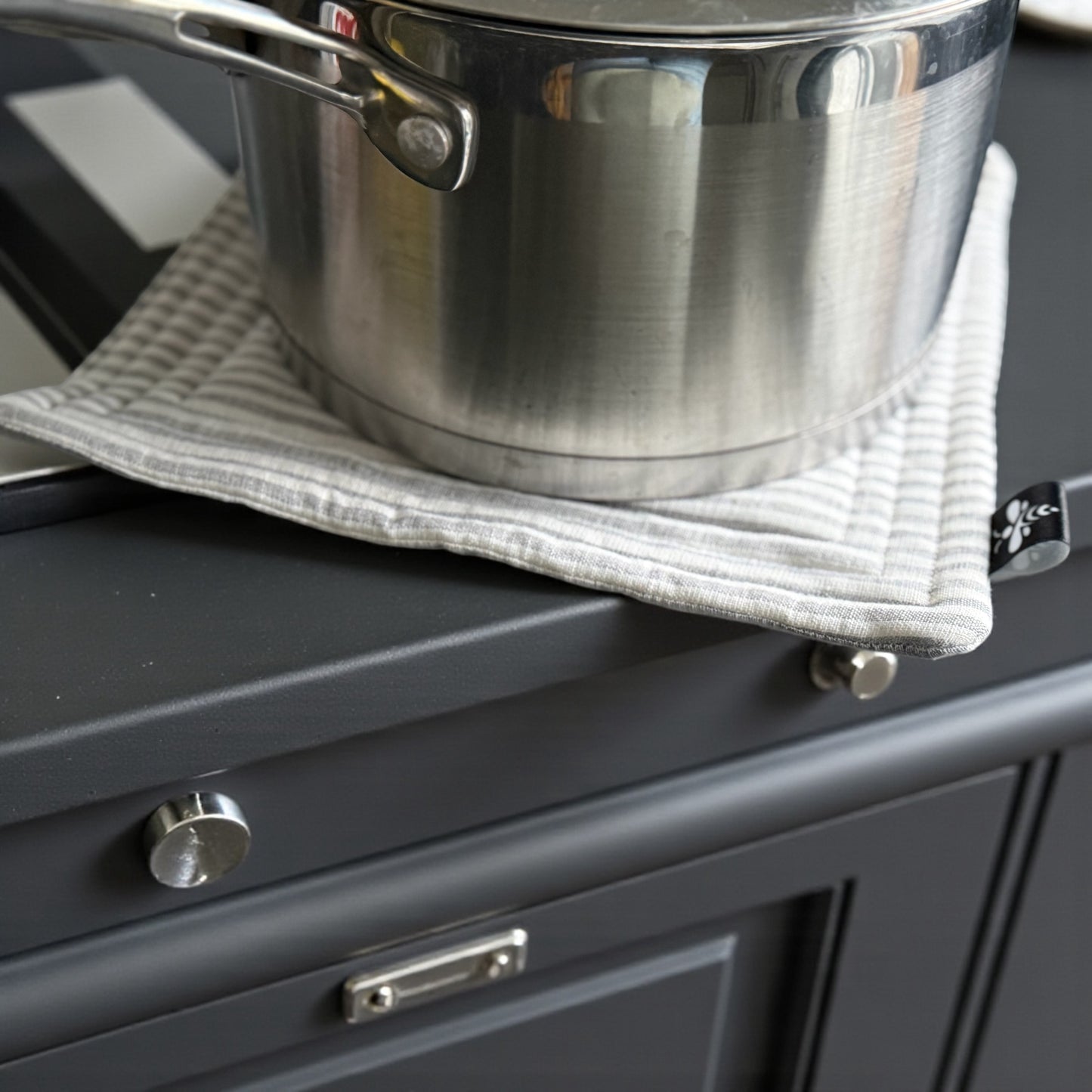 Handmade Linen Grey Striped Pot Holder – Heat Resistant Kitchen Essential