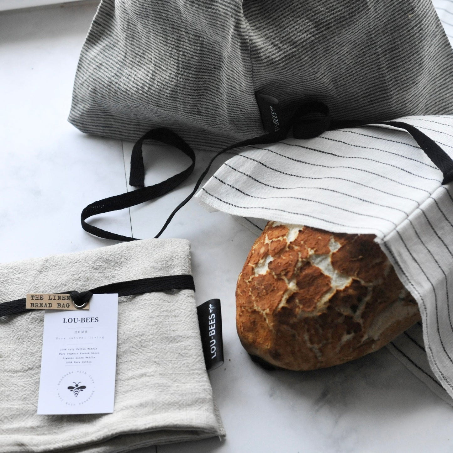 Charcoal Striped Linen Bread Bag