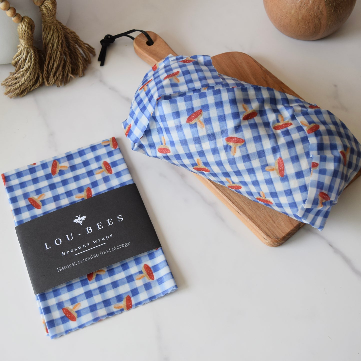 Toadstools on Gingham Beeswax Wrap – Large
