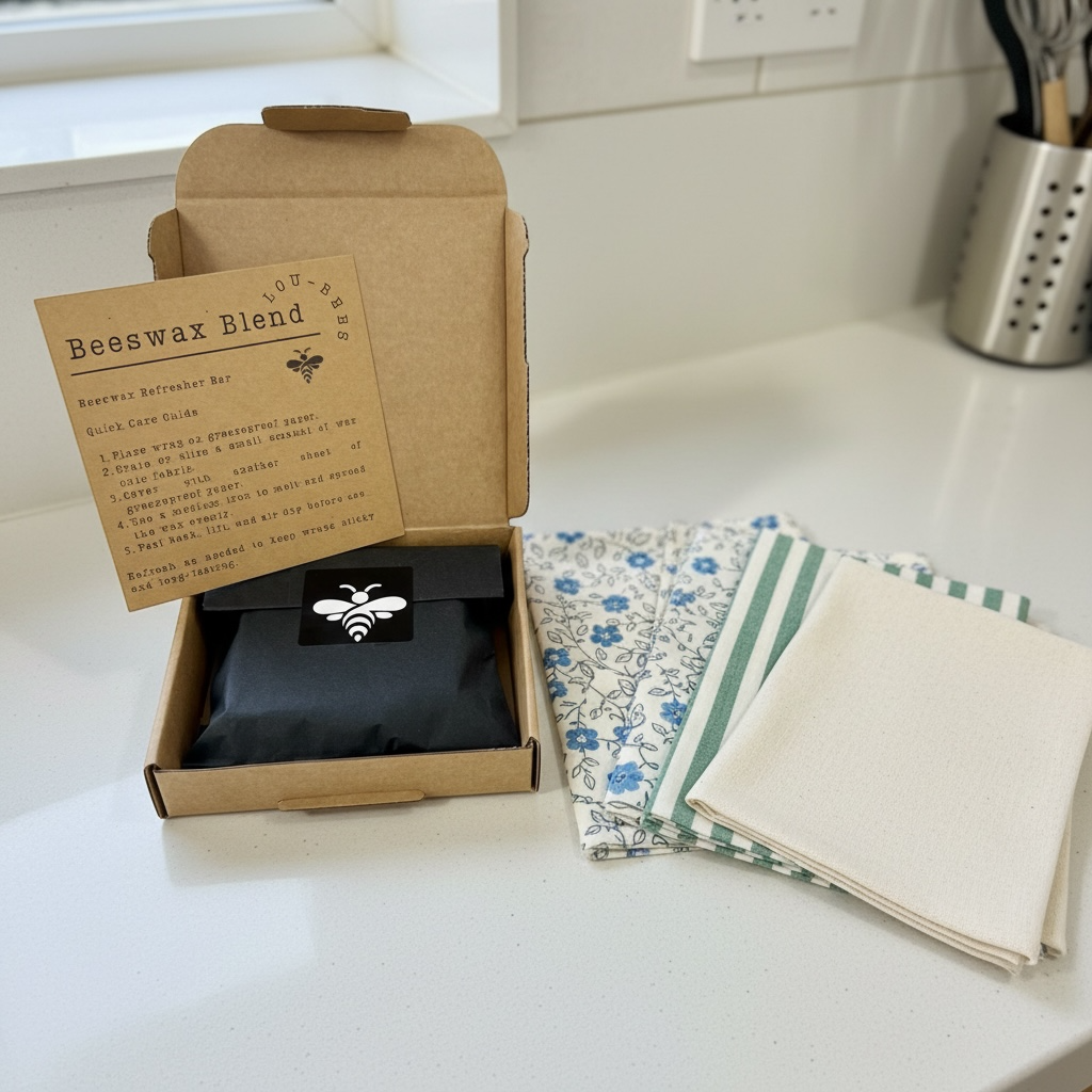 Beeswax food wrap set with a cardboard box on a kitchen counter