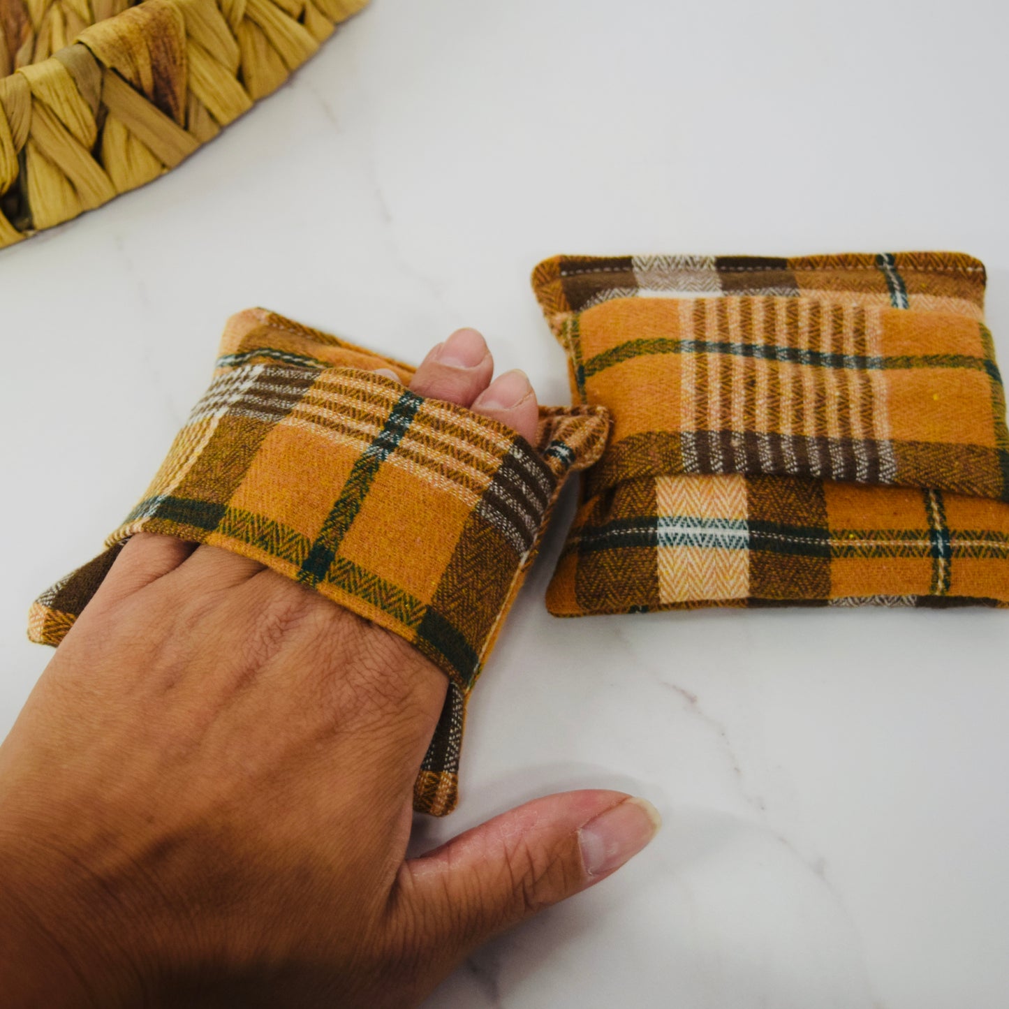 Hand Warmers – Highland Tartan Burnt Orange.