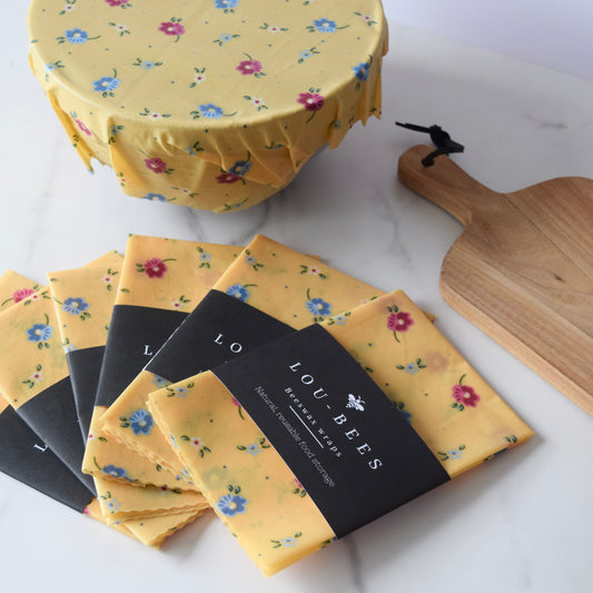 Ditsy Floral Yellow (Large 14” x 11”) Reusable self sticking Beeswax food Wraps.