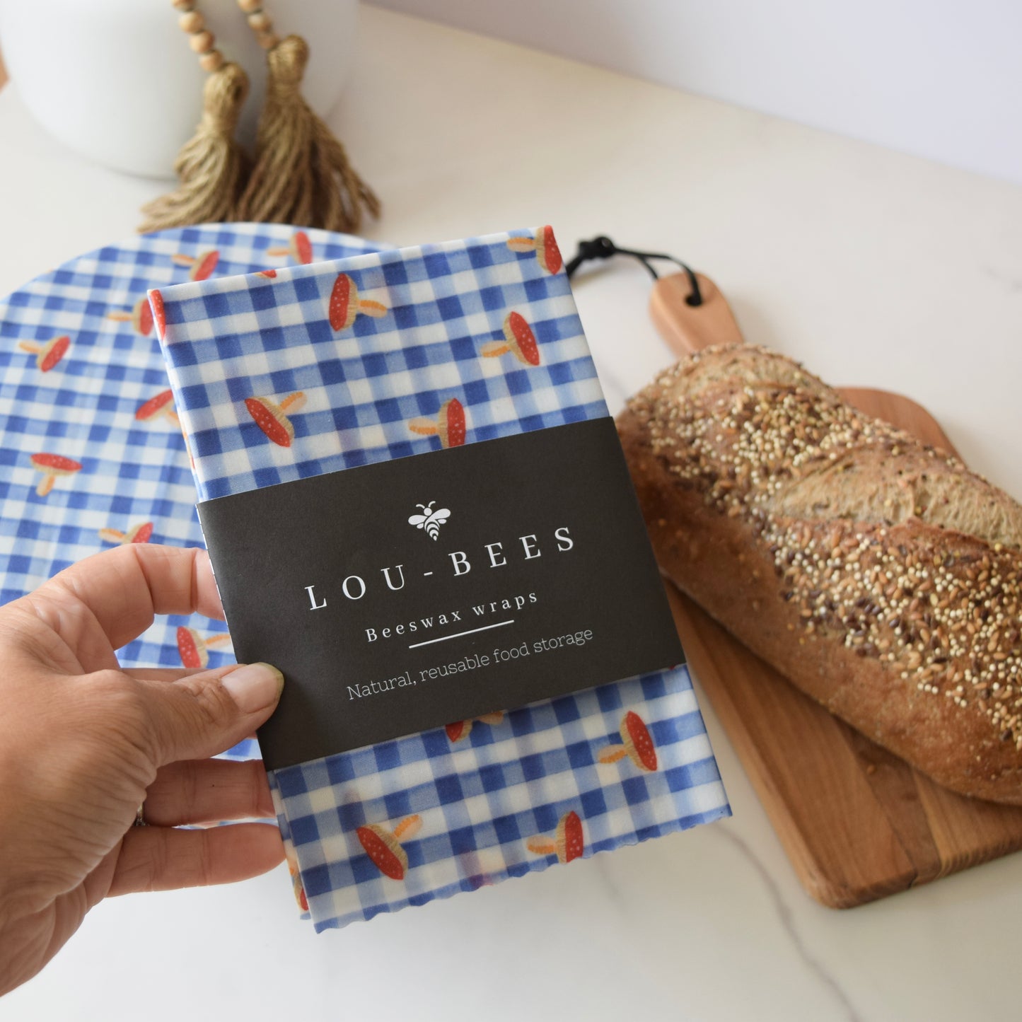 Toadstools on Gingham Beeswax Wrap – Large