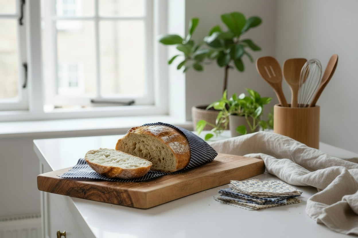 Forget the countryside in the  background A Sash window slightly open with the background slightly blurred. Focus point is the loaf of bread and the Beeswax wrap add a pile of Beeswax wraps on the side as well